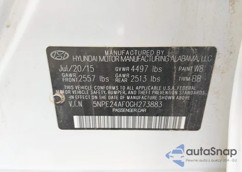 2016 Hyundai Sonata Se z USA, uszkodzony, nr VIN 5NPE24AF0GH273883